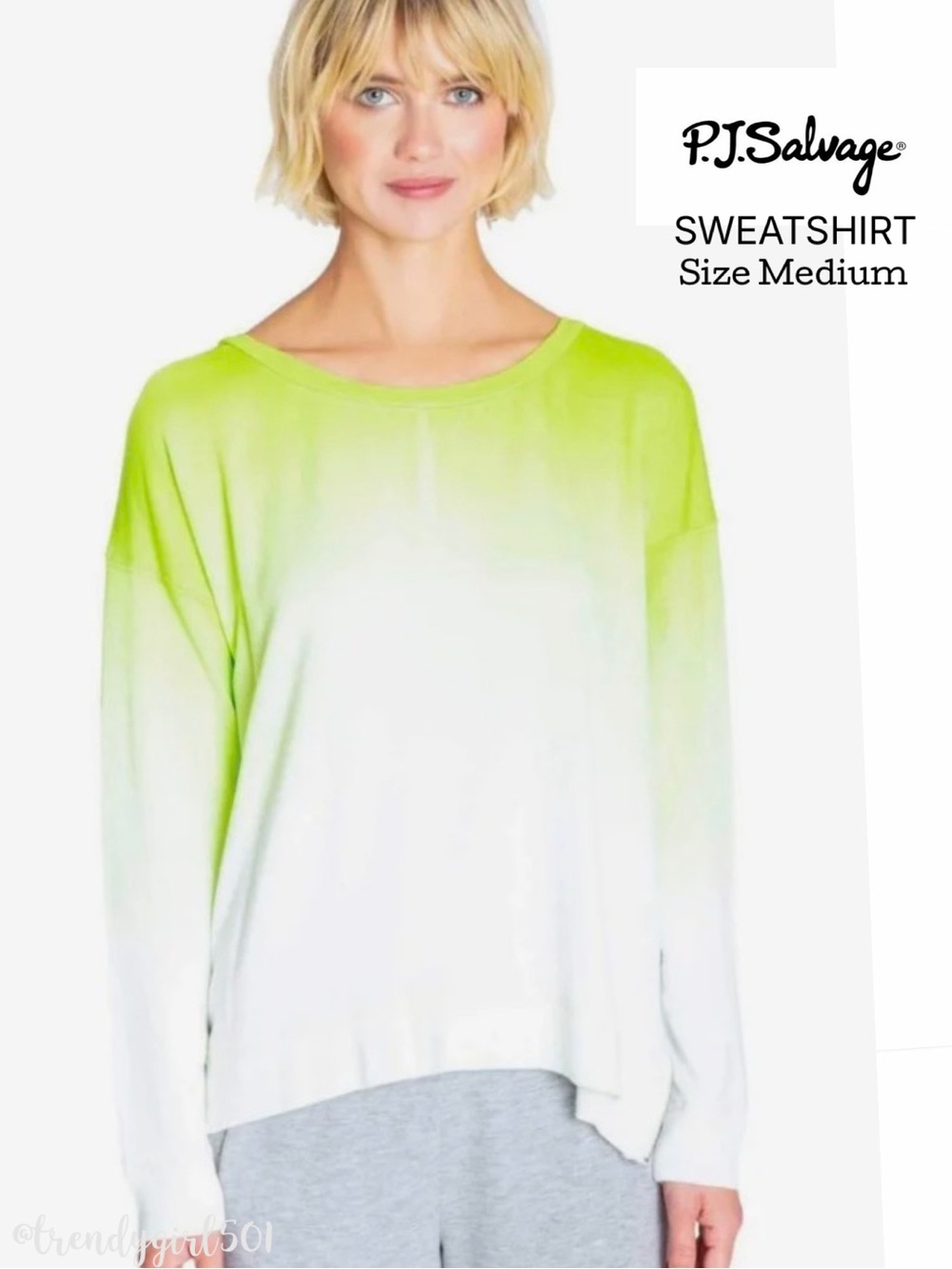 PJ SALVAGE Neon Pop Lime Green/White Ombré Sweatshirt Long Sleeve Crewneck